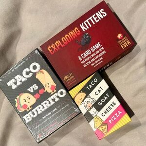 GAME LOT Exploding Kittens, Taco vs Burrito, Taco Cat Goat Cheese Pizza